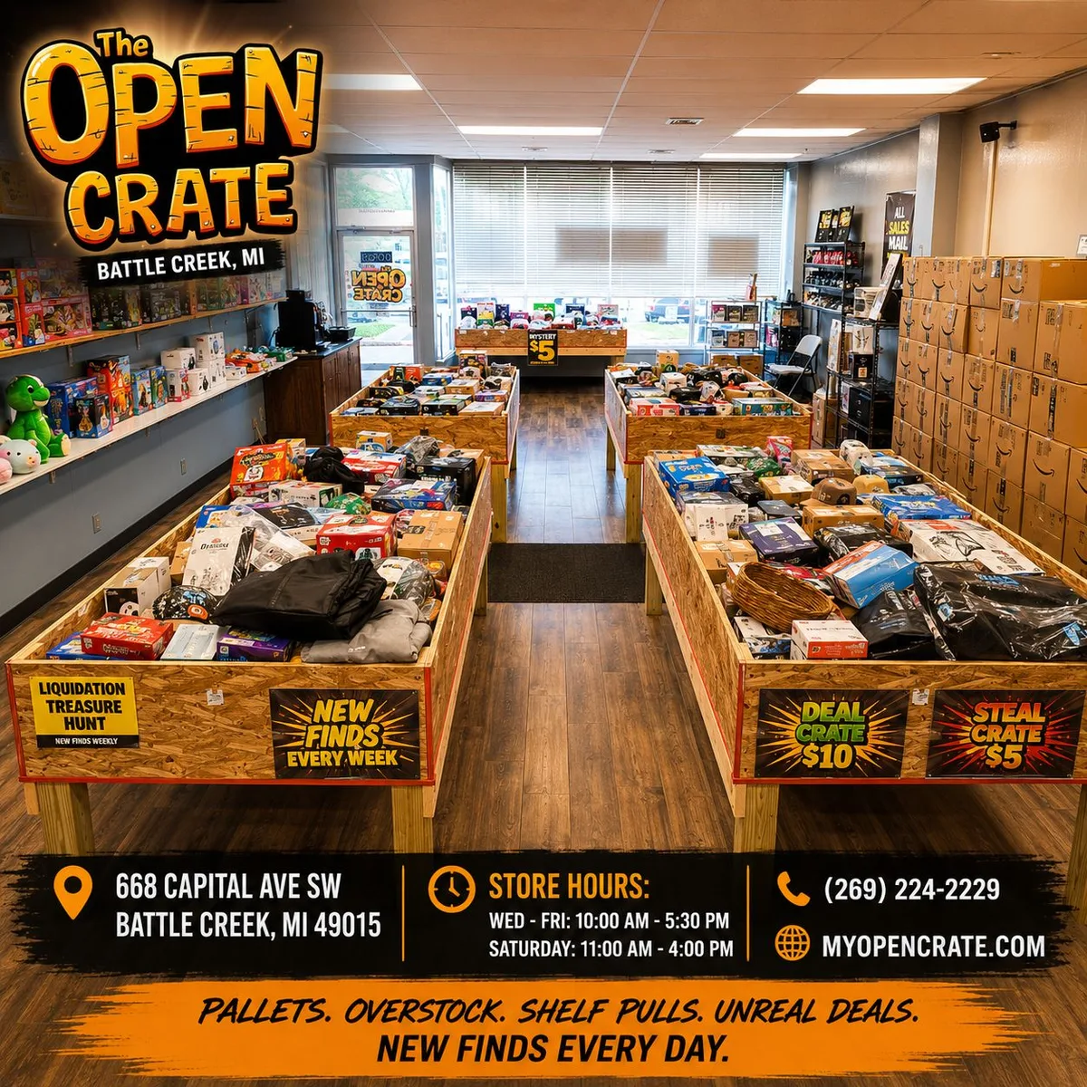 Inside The Open Crate with liquidation merchandise and deal bins
